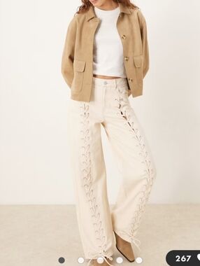 Cream Lace Up Denim Straight Leg High Waiat Jeans L